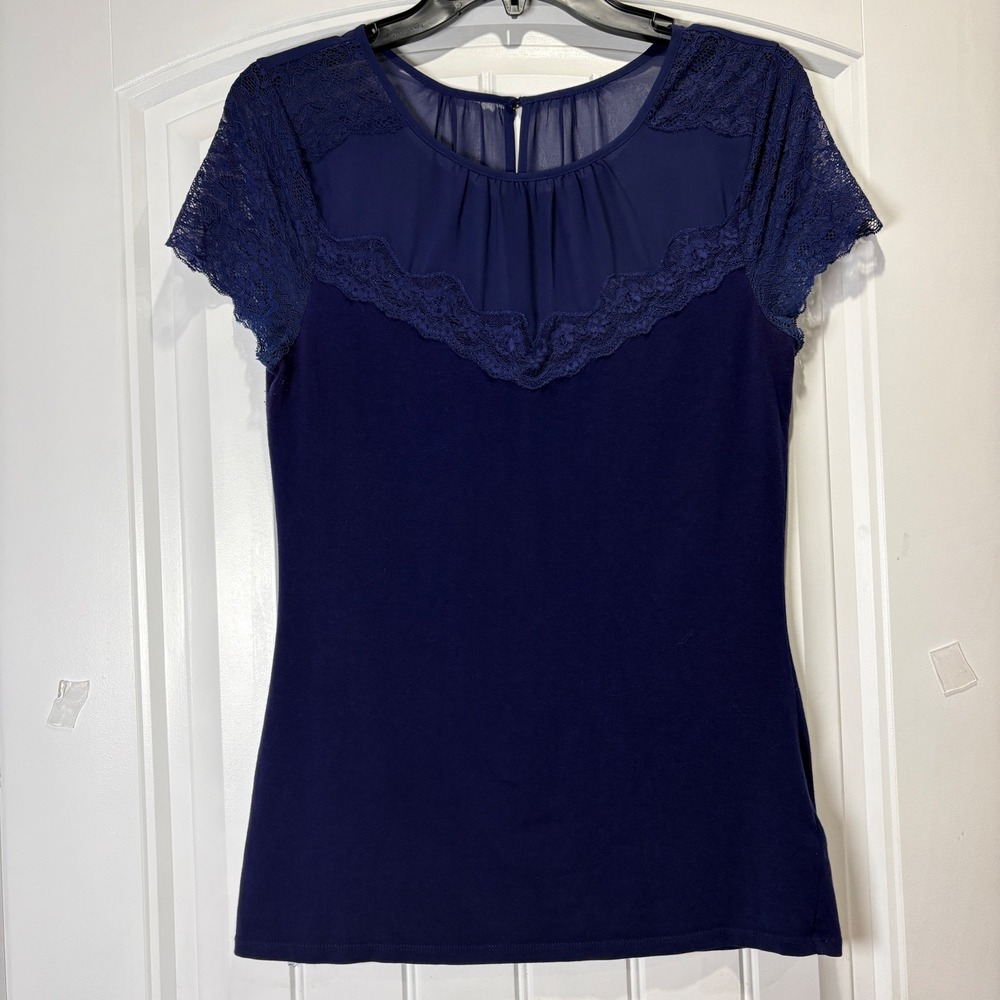 Express Lace Chiffon Yoke Top Women S Navy Blue Short Sleeve Blouse 00400300‎